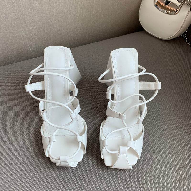 Square Toe Back Hollow Roman Lace Up High Heels - Mubimart
