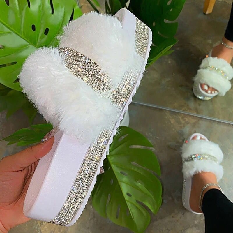 Large size rhinestone plush slipper - Mubimart -  