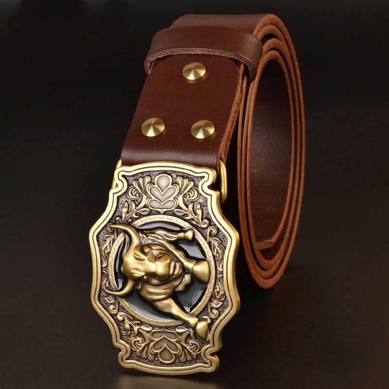 Men's Copper Buckle Head Layer Cowhide Plate Buckle Smooth Buckle Belt - Mubimart