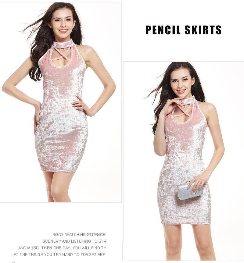 USA SIZE Sexy cross bandage bag hip gold silk velvet dress dress mini pencil skirt - Mubimart