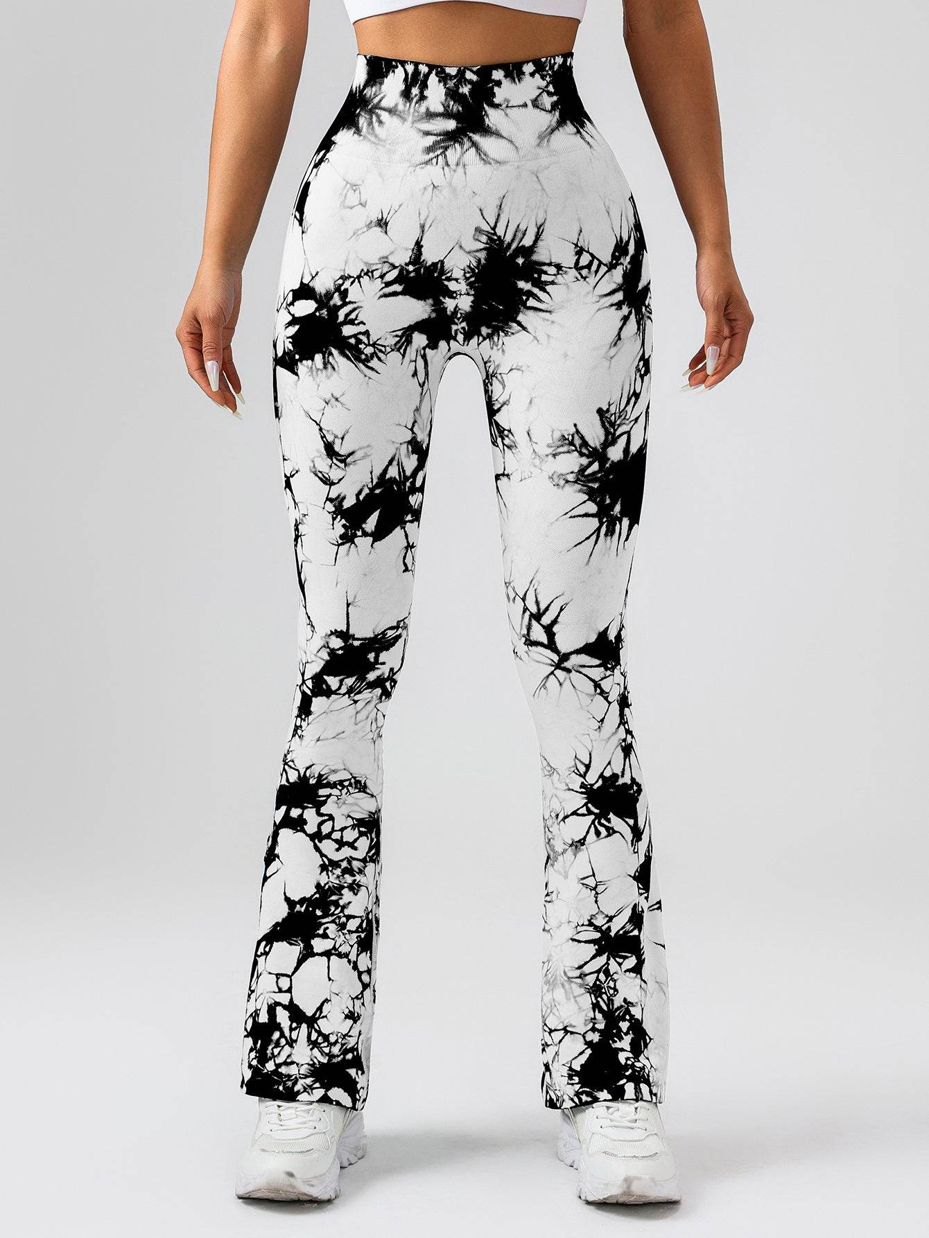 High-Waist Tummy Control Flare Yoga Pants For Women, Tie-Dye Stretch Slimming Bootcut Workout Pants, Fitness & Sports Activewear - Mubimart