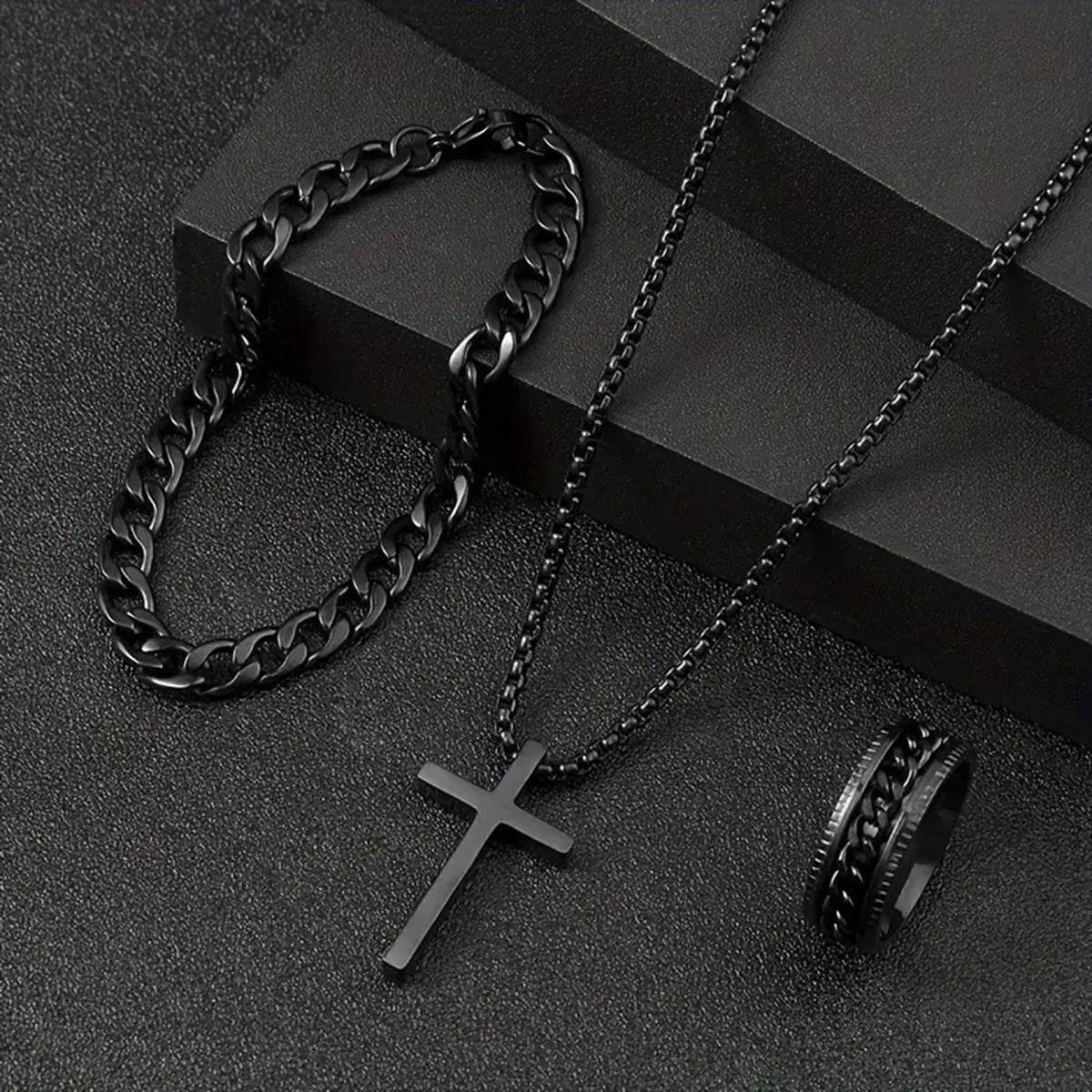 Men's Cross Necklace Ring Bracelet Suit - Mubimart