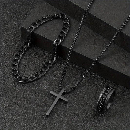 Men's Cross Necklace Ring Bracelet Suit - Mubimart