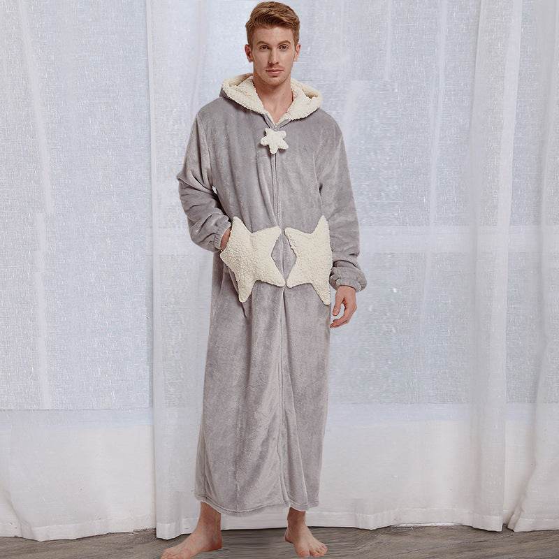Women Men Winter Bath Robe Hooded Night Dress Gown Sleepwear - Mubimart