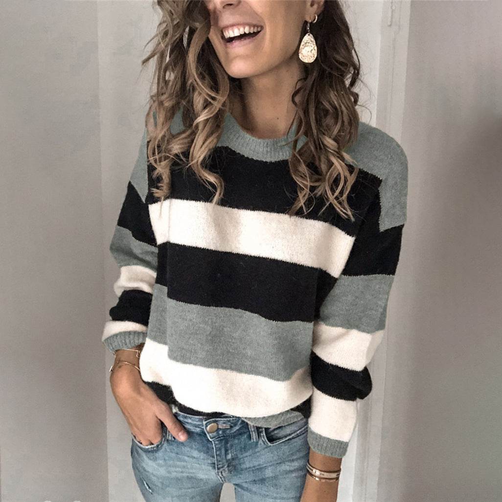 Plus size women's contrast striped sweater - Mubimart
