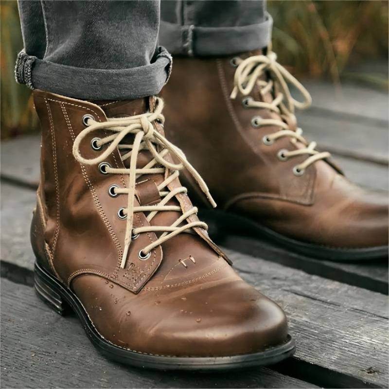 Men Cowboy Boots Retro Lace-up Martin Boot Round Toe Low Heel Shoes - Mubimart