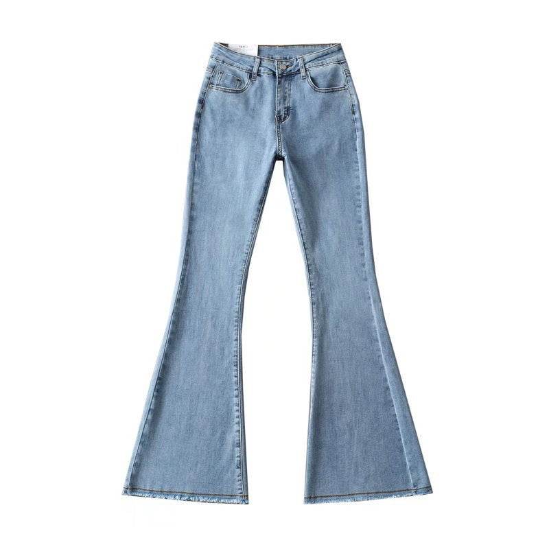 Autumn And Winter Fashion Small High Waist Raw Hem Jeans Retro Distressed Small Man Stretchy Wide-leg Slim Flare Pants - Mubimart