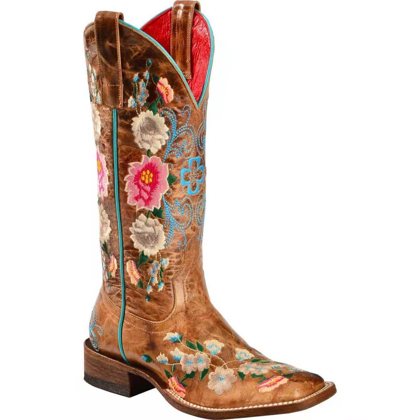 New Lady's Flower Vintage Knight Boots Tall Brown Artificial Pu Fashion Boots - Mubimart