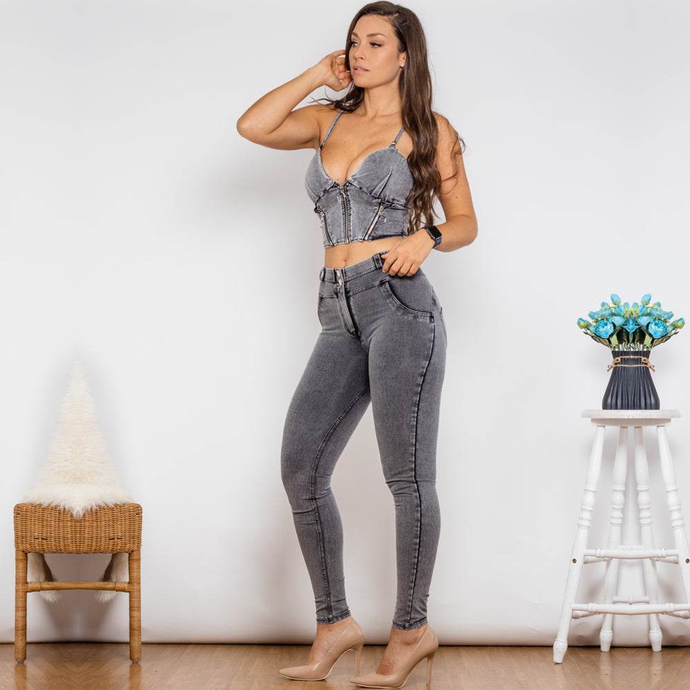 Shascullfites Shaper Suit Grey Denim Zipper Shaper Push Up Top Middle Waist Skinny Jeans Sets Of Women 2 Pieces Elegant - Mubimart