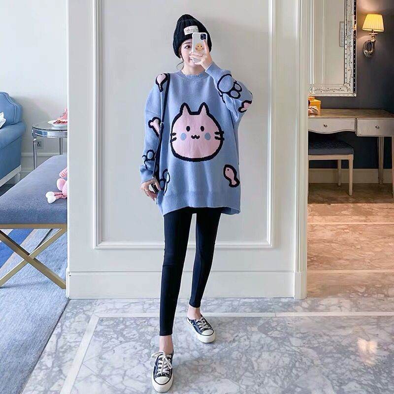 Maternity Clothes Loose Thick Plus-sized Cartoon Sweater Maternity Top - Mubimart