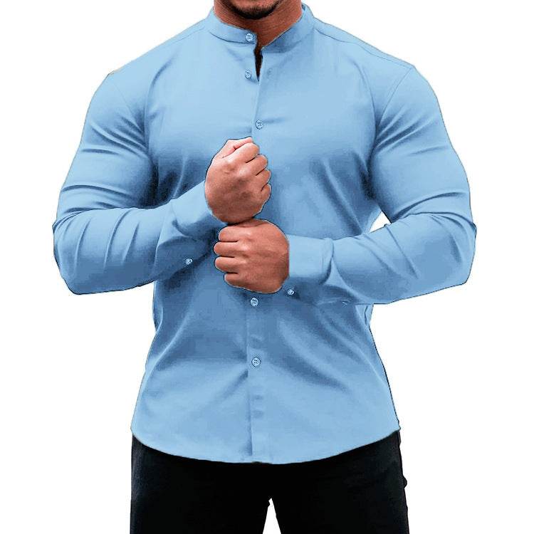 Long Sleeve Shirt Men Casual Button Down Slim Tops Solid Color Casual Mens Clothing - Mubimart