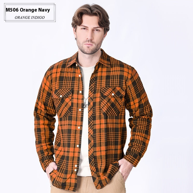 Vintage Flannel Men's Long Sleeve Brushed Plaid Shirt Coat