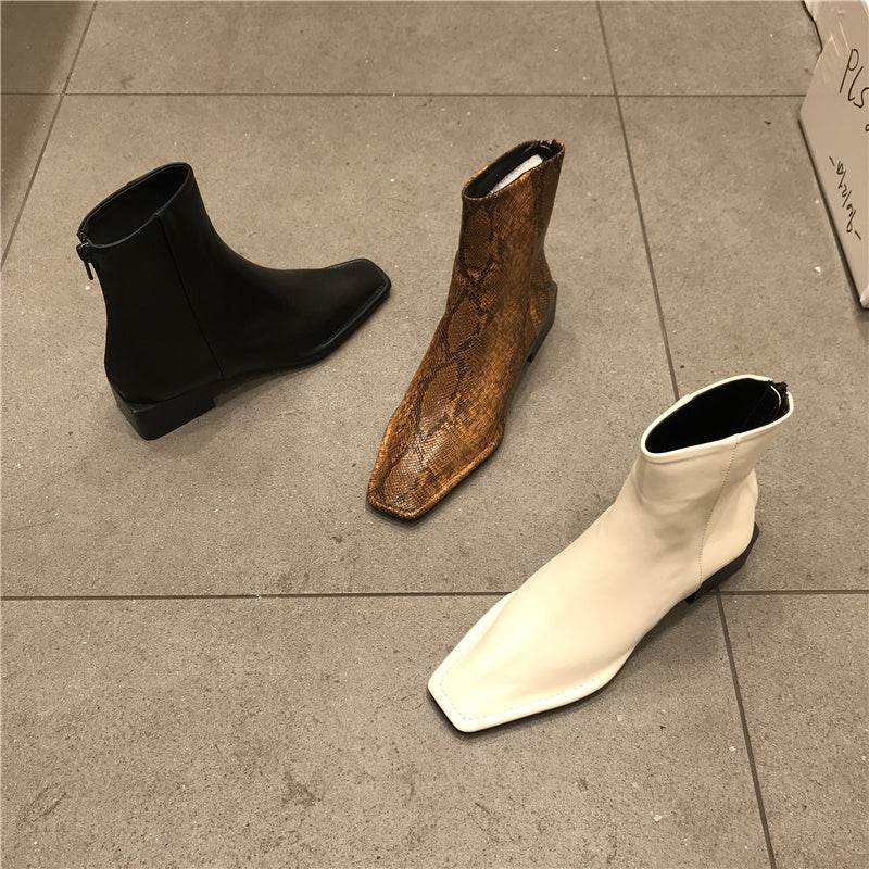Women's back zipper square toe short boots - Mubimart