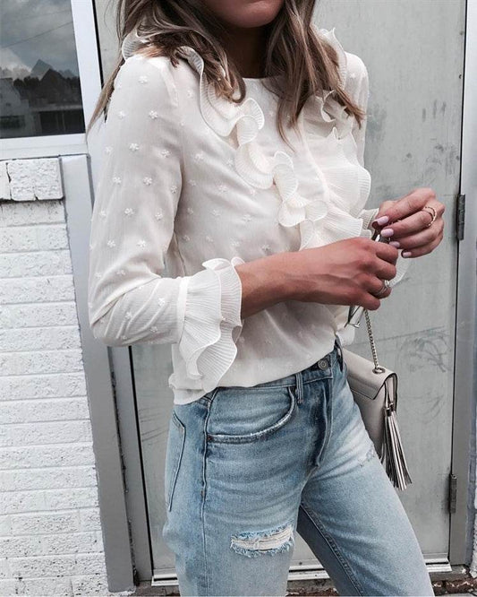 Feitong Women Ladies Blouses And Tops Casual Ruffles Lace Polka Dot O Neck Shirt Long Sleeve Blouse blusas mujer de moda - Mubimart