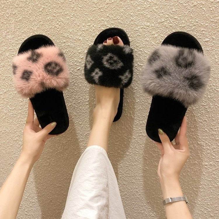 PVC word leopard wool slippers women - Mubimart