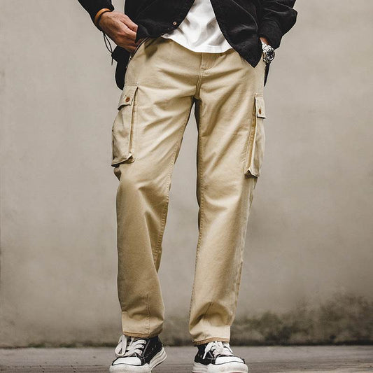 Retro Khaki Tapered Mountain Army Pants Zipper Pocket Casual Pants Men - Mubimart