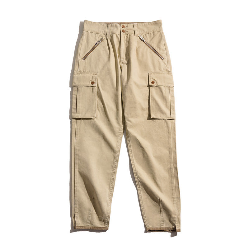 Retro Khaki Tapered Mountain Army Pants Zipper Pocket Casual Pants Men