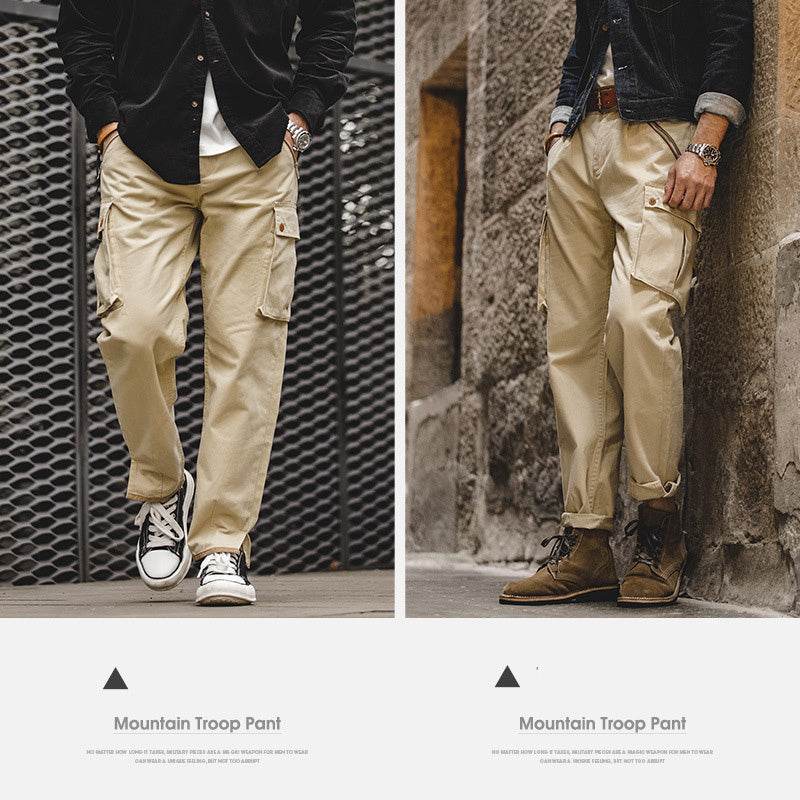 Retro Khaki Tapered Mountain Army Pants Zipper Pocket Casual Pants Men - Mubimart