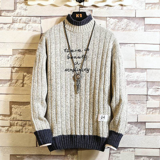 Long sleeve thick half high neck letter pullover sweater for men - Mubimart