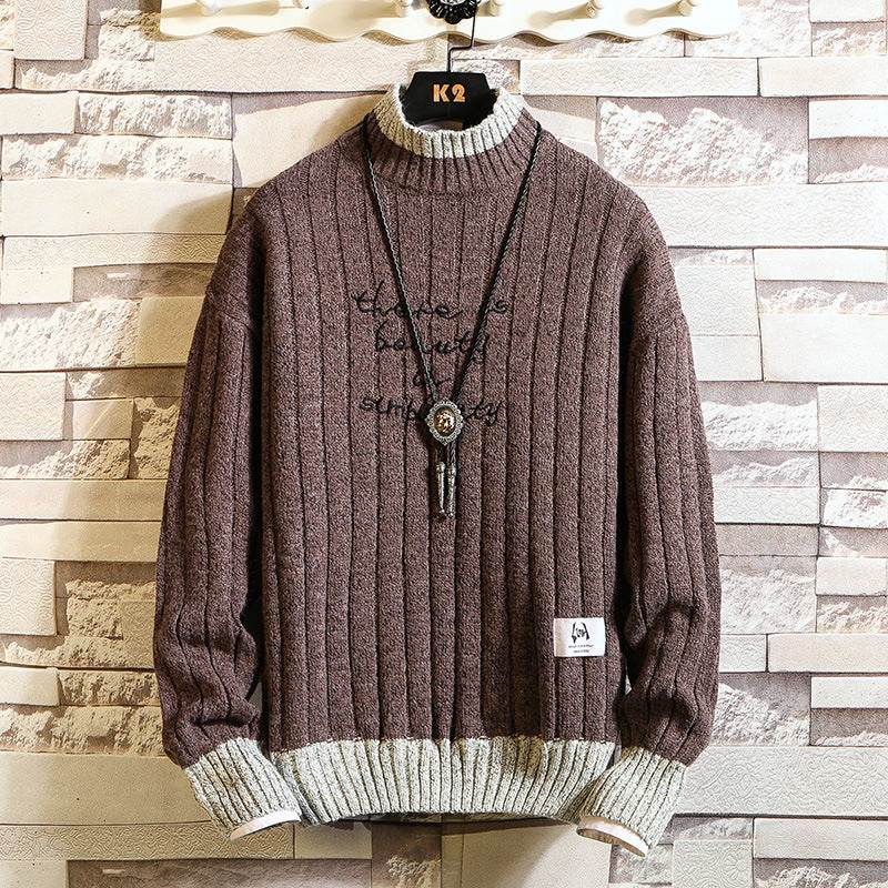 Long sleeve thick half high neck letter pullover sweater for men - Mubimart