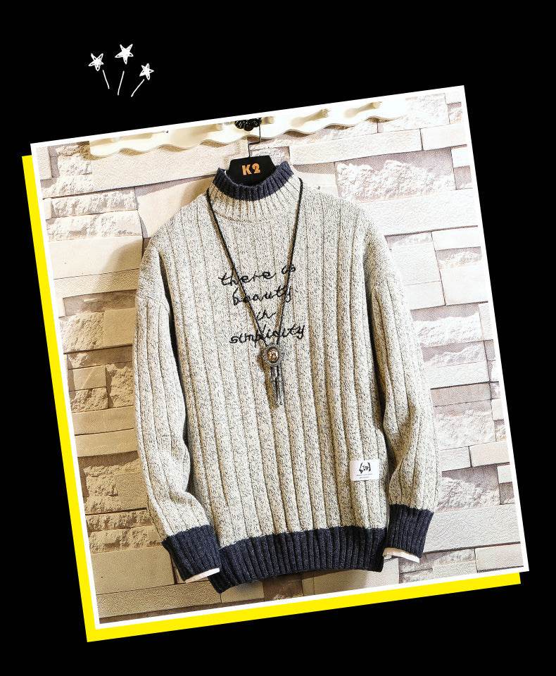 Long sleeve thick half high neck letter pullover sweater for men - Mubimart