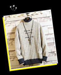 Long sleeve thick half high neck letter pullover sweater for men