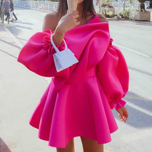 Party Dress Mini Sexy Pleated Puff Sleeve One Shoulder Spaghetti Strap Women Backless Clubwear Dinner Night Christmas Tunics - Mubimart