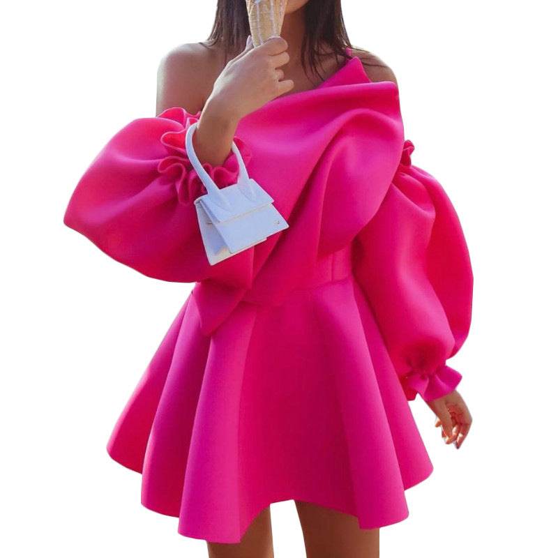 Party Dress Mini Sexy Pleated Puff Sleeve One Shoulder Spaghetti Strap Women Backless Clubwear Dinner Night Christmas Tunics - Mubimart