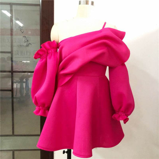 Party Dress Mini Sexy Pleated Puff Sleeve One Shoulder Spaghetti Strap Women Backless Clubwear Dinner Night Christmas Tunics - Mubimart