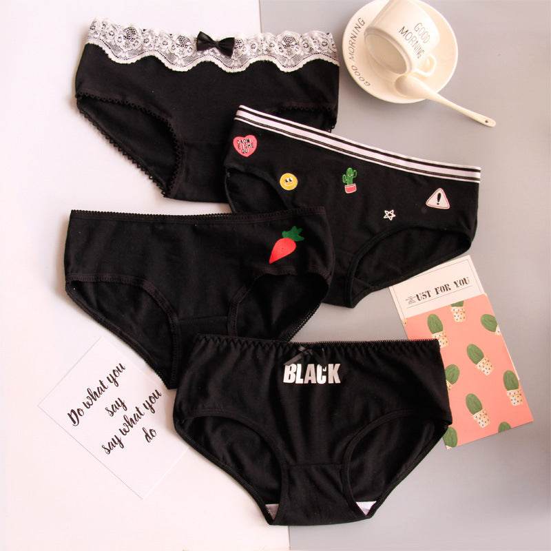 Black Cotton Cute Briefs Set Box Women - Mubimart