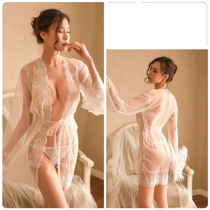 Transparent See-through Mesh Lace Nightgown Nightdress Uniform Temptation Nightgown - Mubimart