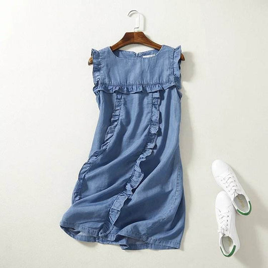 Ruffled Tencel Denim Short One-piece Dress - Mubimart