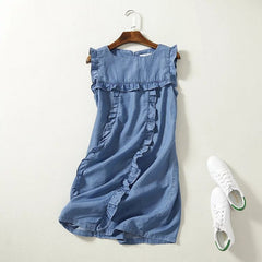 Ruffled Tencel Denim Short One-piece Dress - Mubimart - Denim Dress 