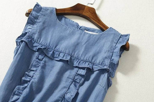 Ruffled Tencel Denim Short One-piece Dress - Mubimart