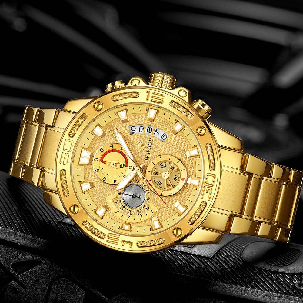WWOOR Fashion Mens Watches Top Brand Luxury Gold Full Steel Quartz Watch Men Waterproof Sport Chronograph Relogio Masculino - Mubimart