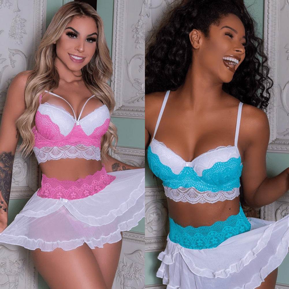 Women's Sexy Lingerie Pajamas-Dress Babydoll Thong Lingerie Lace Bra Set - Mubimart