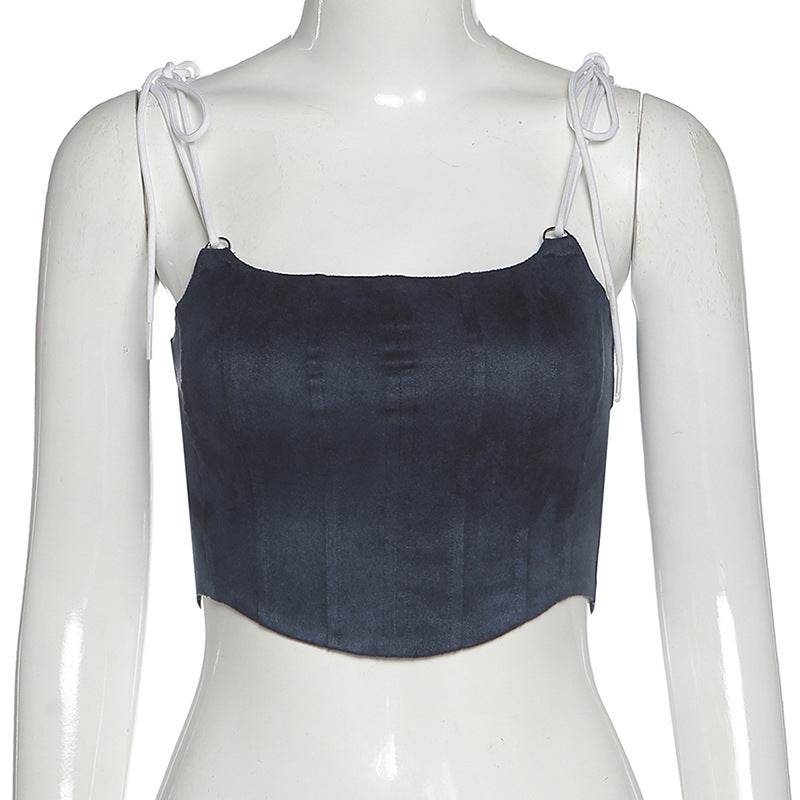 Lace Up Corset Crop Tops Women Plush Sleeveless Backless Sexy Clubwear Cropped Top Fashion Streetwear Camisole - Mubimart