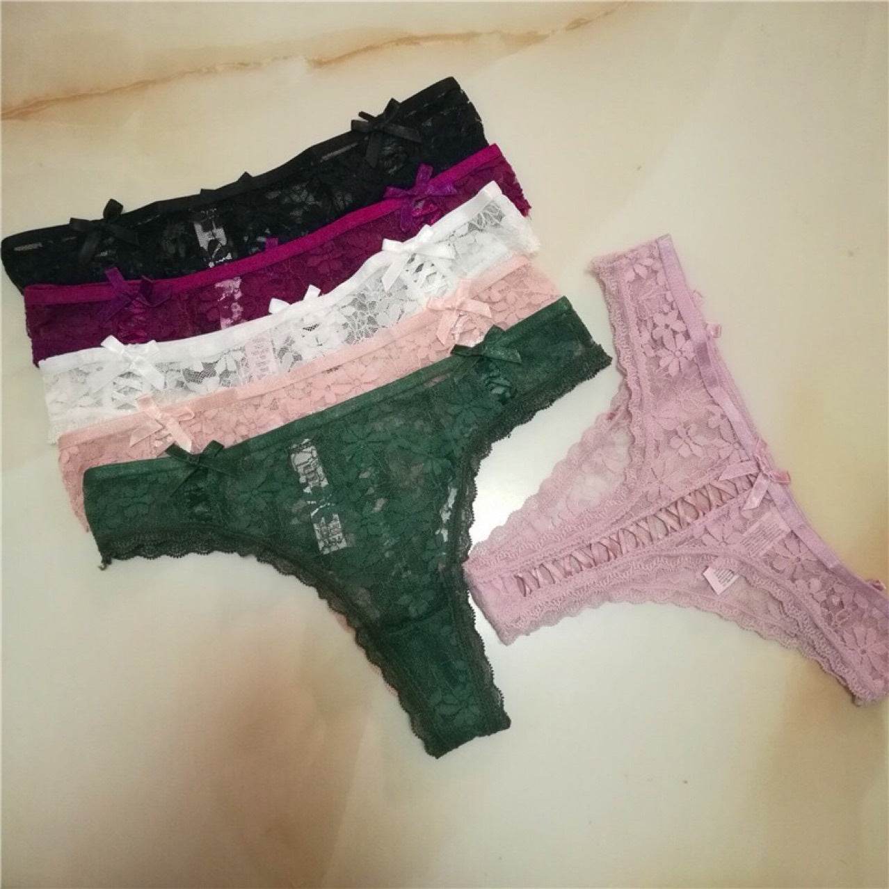 Lace Thong Women's Solid Color Low Waist Cotton Crotch Ribbon Hollow Thong T Pants - Mubimart