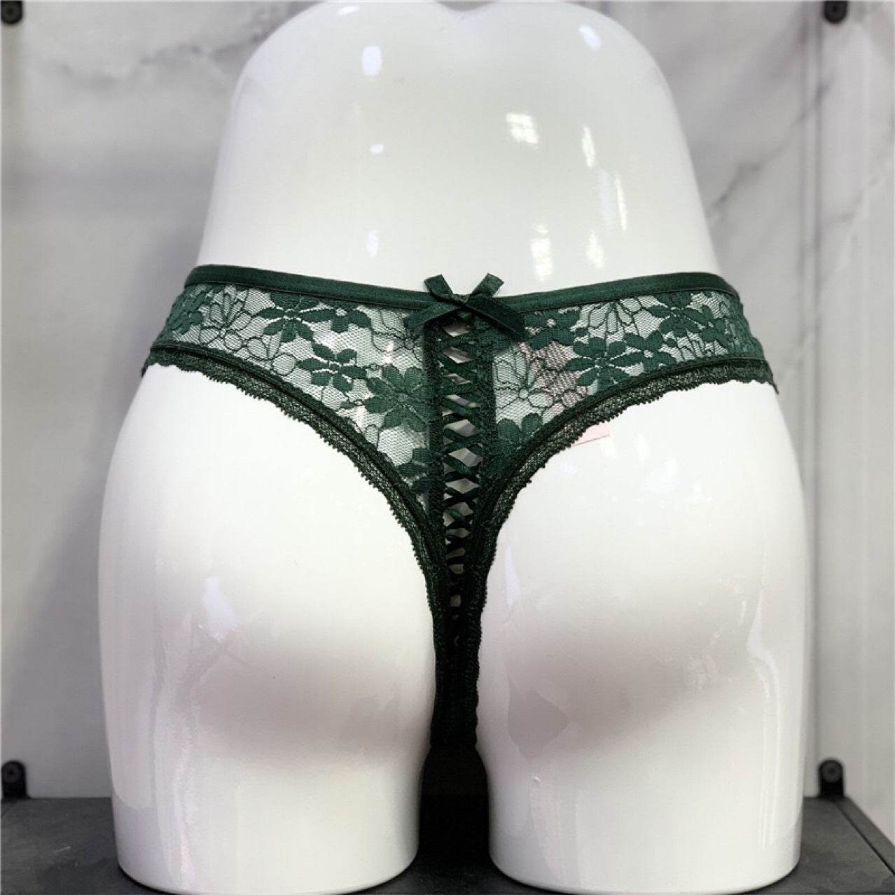 Lace Thong Women's Solid Color Low Waist Cotton Crotch Ribbon Hollow Thong T Pants - Mubimart