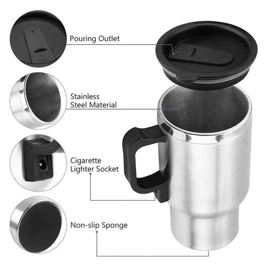 Stainless Steel Vehicle Heating Cup Electric Heating Car Kettle Camping Travel Kettle Water Coffee Milk Thermal Mug - Mubimart