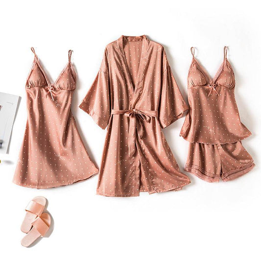Print Dot Lady Nightwear Satin 4PCS Pajamas Set For Women - Mubimart