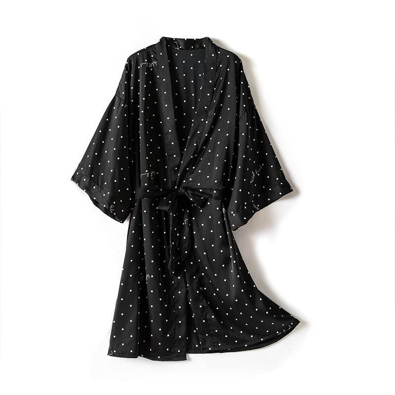 Print Dot Lady Nightwear Satin 4PCS Pajamas Set For Women - Mubimart