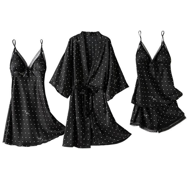 Print Dot Lady Nightwear Satin 4PCS Pajamas Set For Women - Mubimart