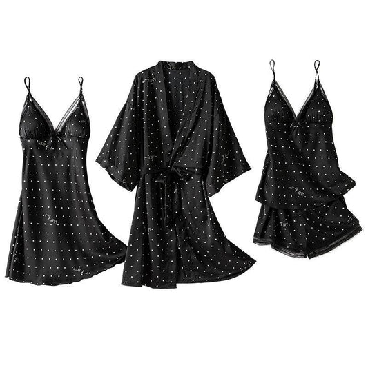 Print Dot Lady Nightwear Satin 4PCS Pajamas Set For Women - Mubimart