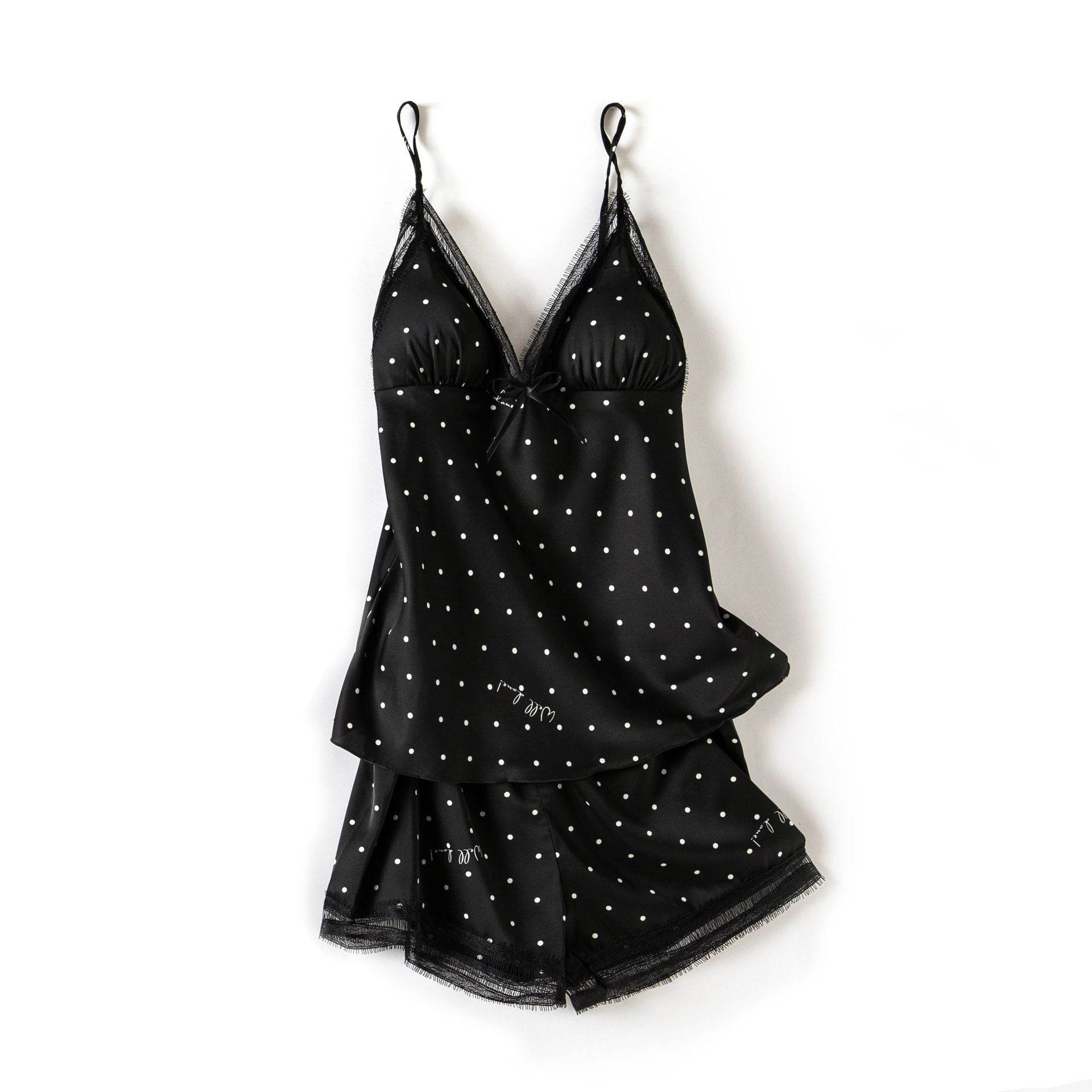 Print Dot Lady Nightwear Satin 4PCS Pajamas Set For Women - Mubimart