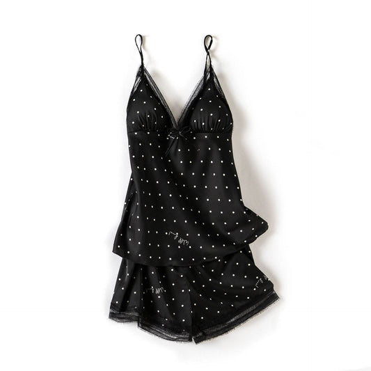 Print Dot Lady Nightwear Satin 4PCS Pajamas Set For Women - Mubimart