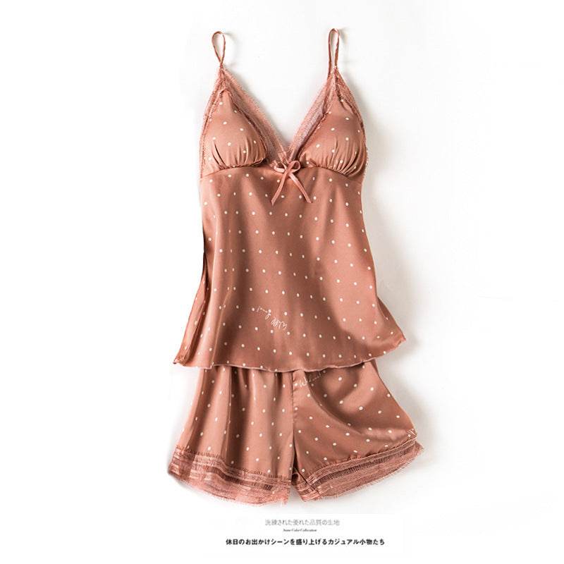Print Dot Lady Nightwear Satin 4PCS Pajamas Set For Women - Mubimart
