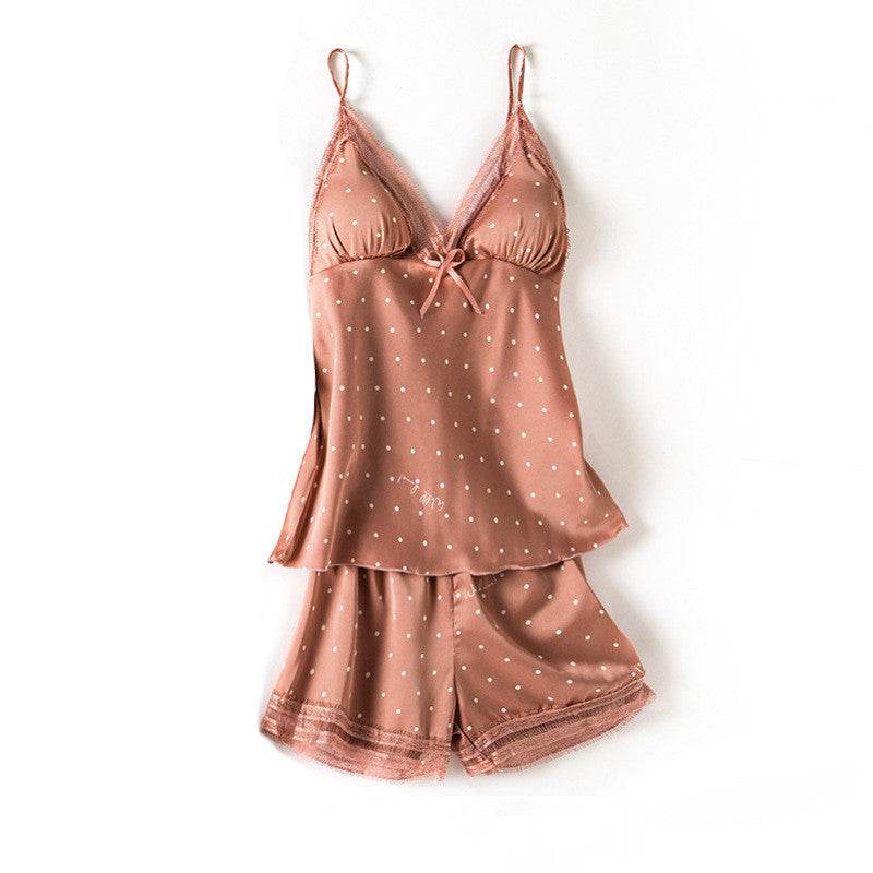 Print Dot Lady Nightwear Satin 4PCS Pajamas Set For Women - Mubimart