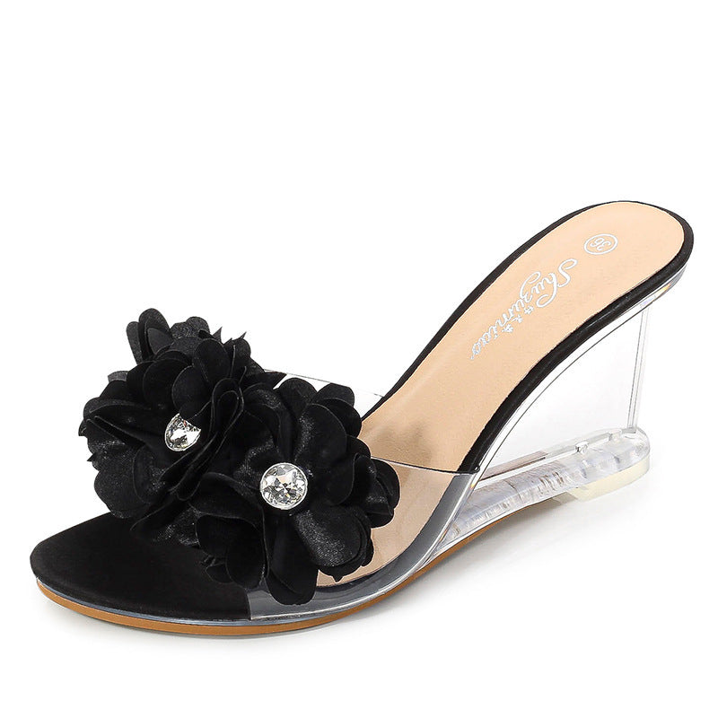 Versatile Summer Flower Simple Slope Heel Sandal Transparent Heel