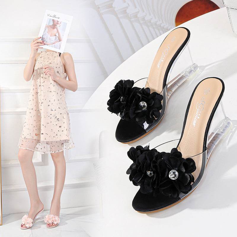 Versatile Summer Flower Simple Slope Heel Sandal Transparent Heel - Mubimart